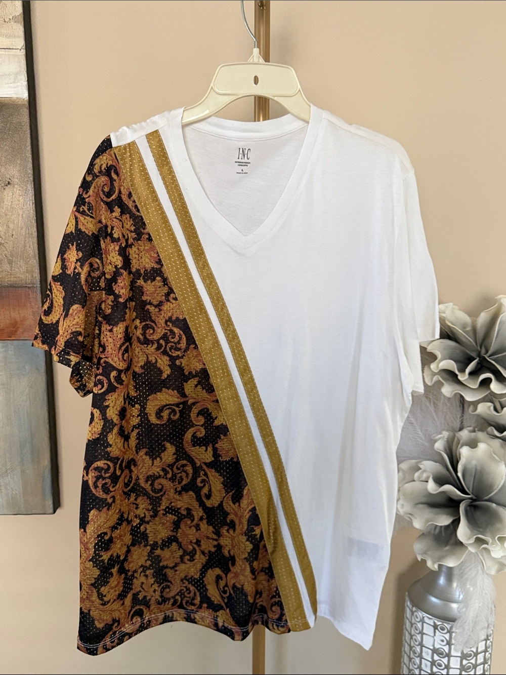 INC International Concepts White V-Neck Shirt with Gold-Baroque Panel